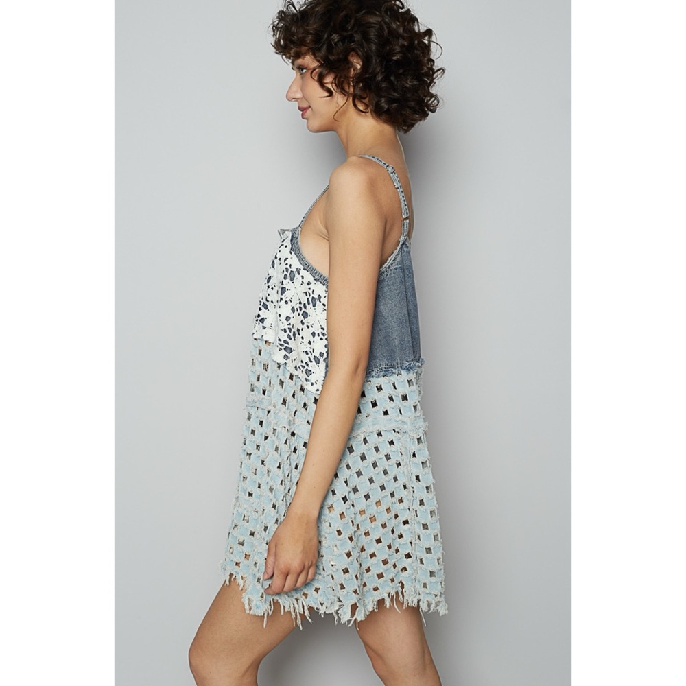 POL Convertible Denim Top Dress | Lace Overlay Boho Western - Picture 7 of 10